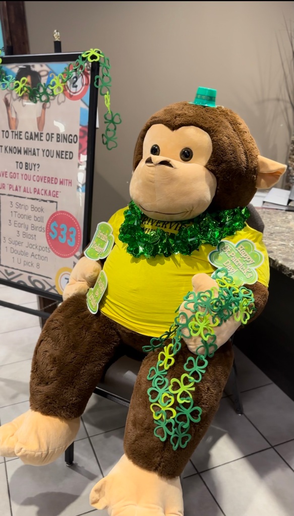 Our team mascot, the Monkey, is dressed up for St. Patrick's Day!